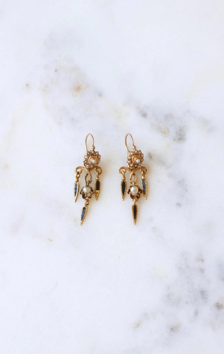 Boucles d'Oreilles Anciennes Pendantes Email et Perles - Image 6