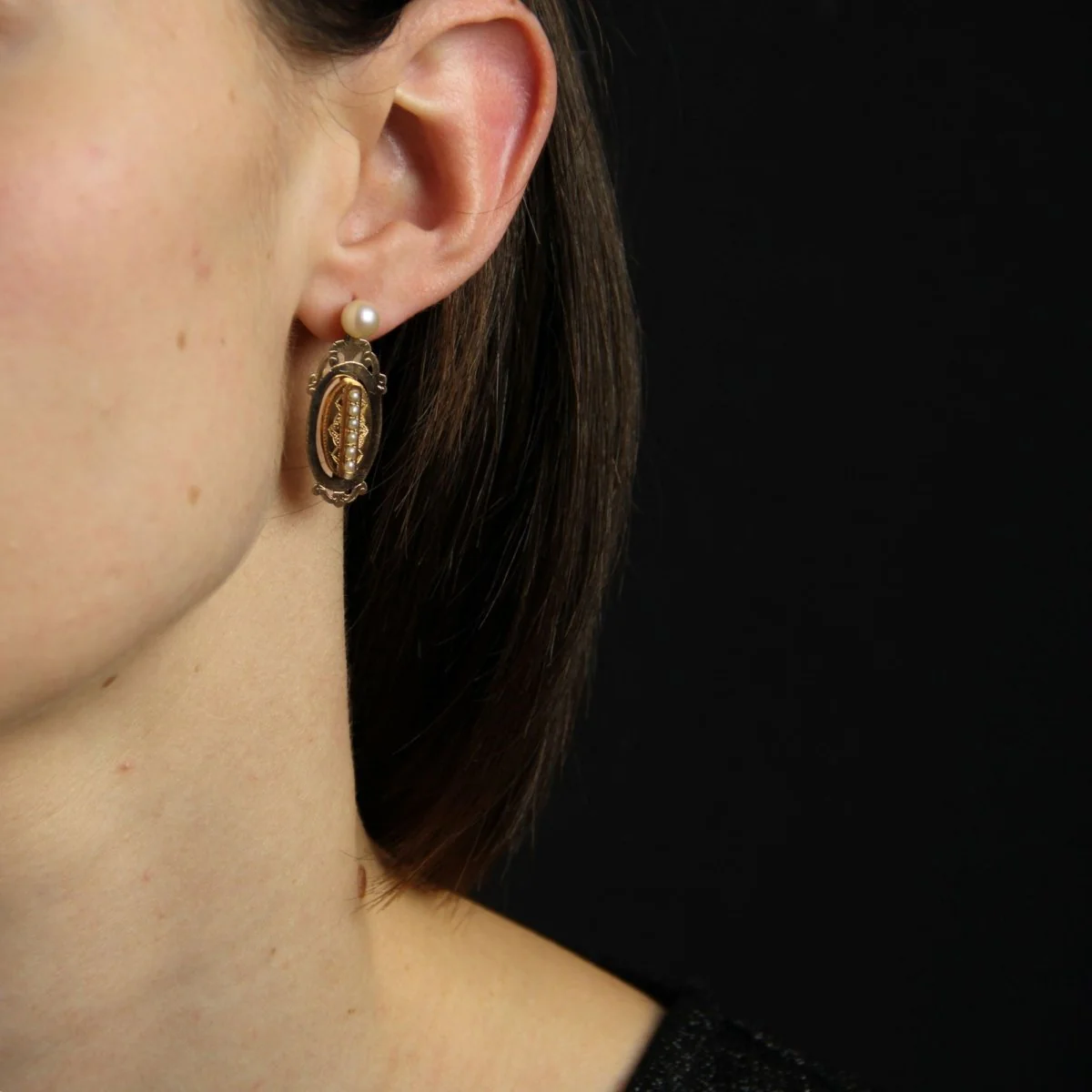 Boucles d'oreilles Puces en or jaune, or rose et perles - Image 2
