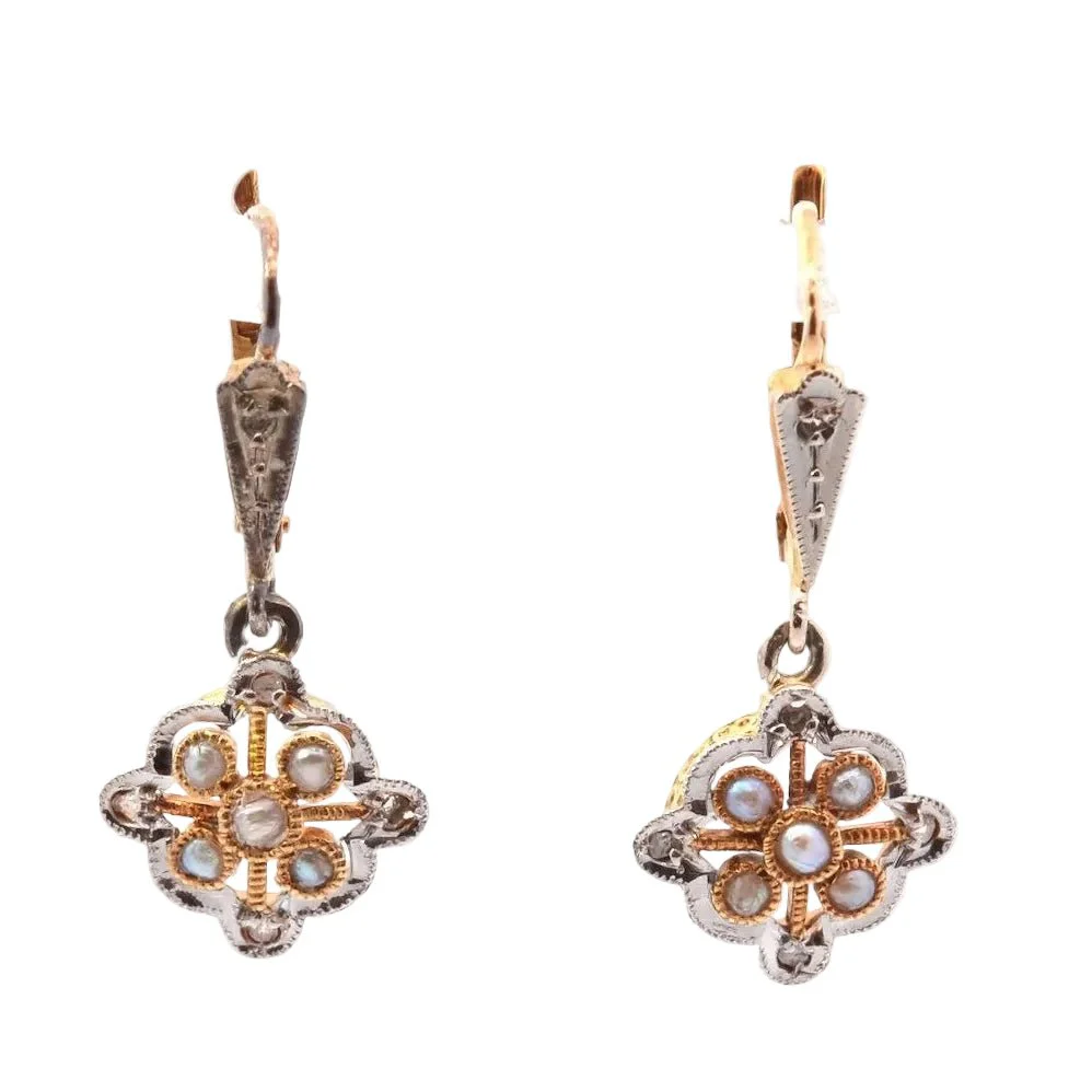 Boucles d'oreilles Pendantes en or jaune, perles et diamants