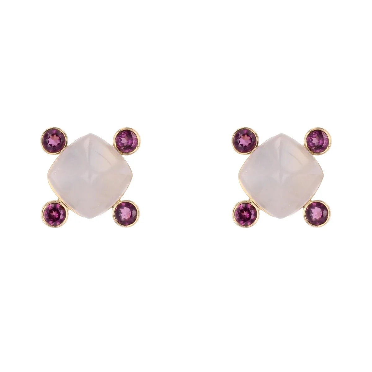 Boucles d'oreilles Puces en or jaune, calcédoines et grenats