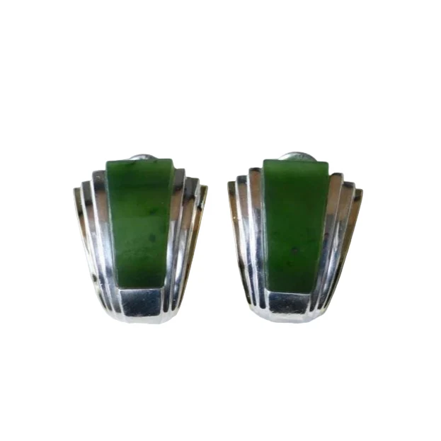 Boucles d'Oreilles Puiforcat par André Vassort Jade sur Or et Argent