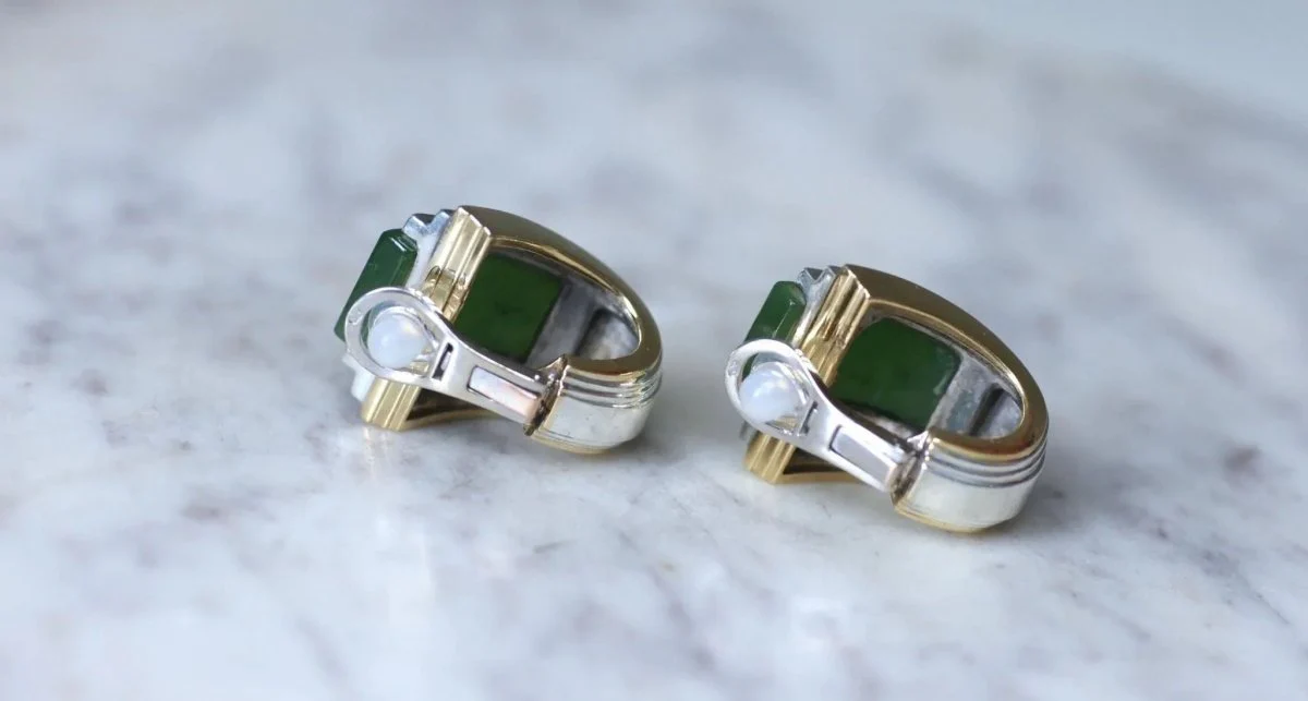 Boucles d'Oreilles Puiforcat par André Vassort Jade sur Or et Argent - Image 6
