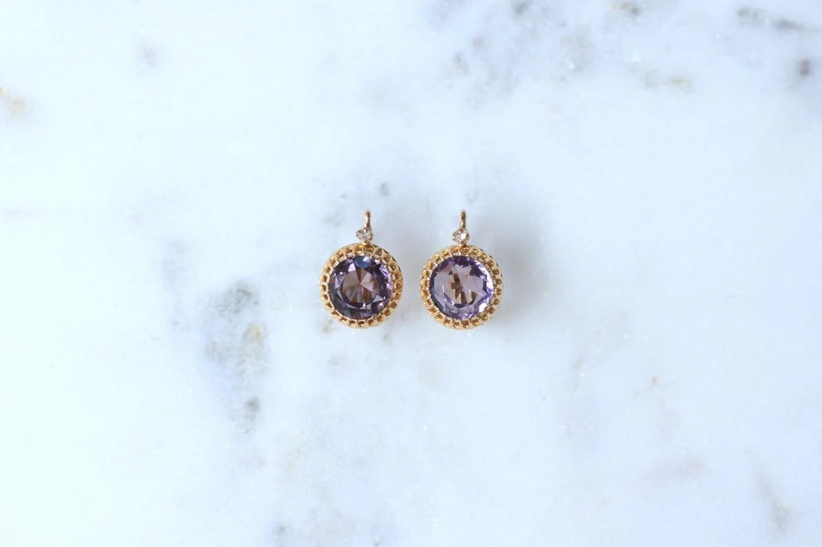Boucles d'Oreilles Anciennes Améthystes et Diamants sur Or Jaune - Image 3