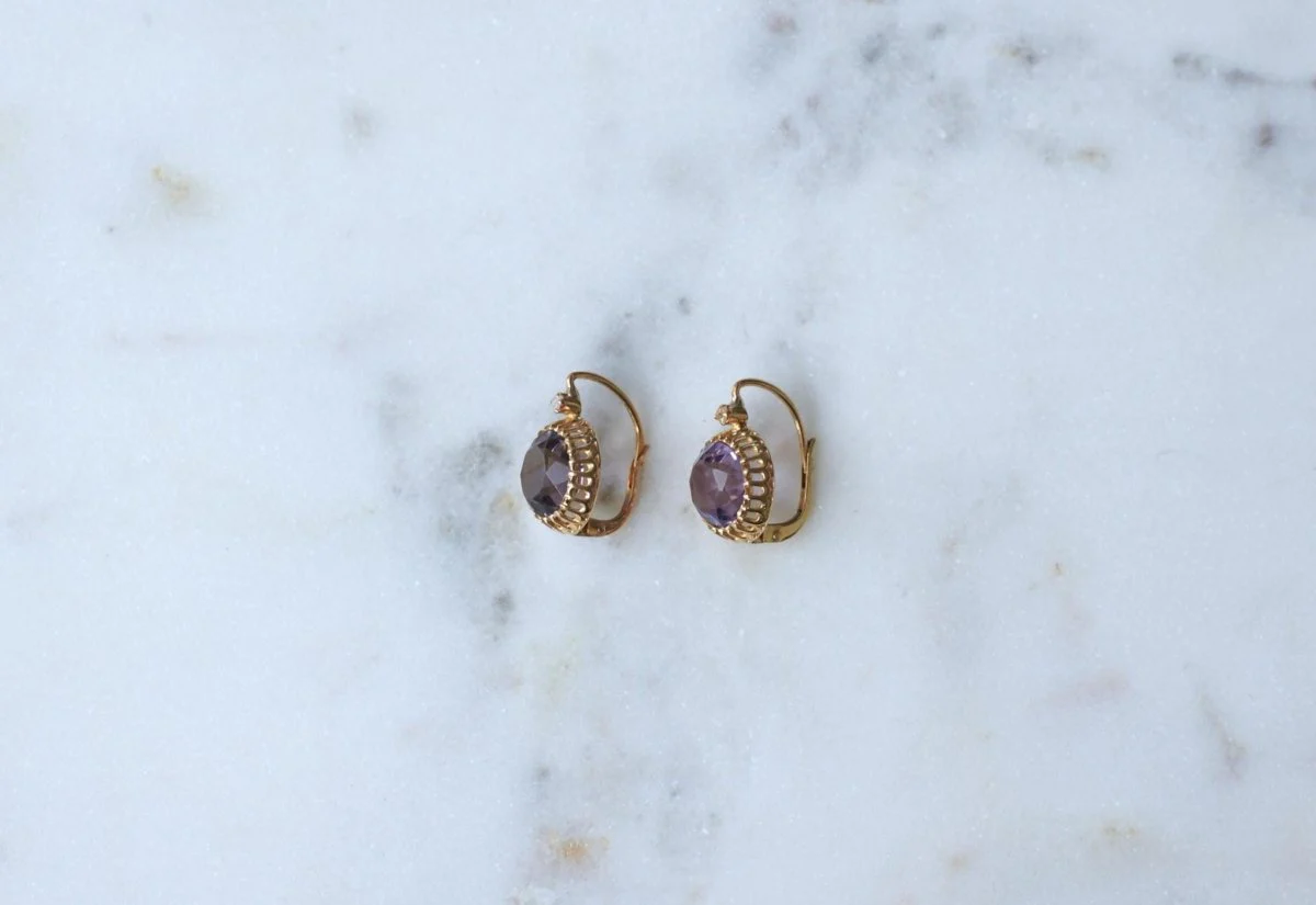 Boucles d'Oreilles Anciennes Améthystes et Diamants sur Or Jaune - Image 9