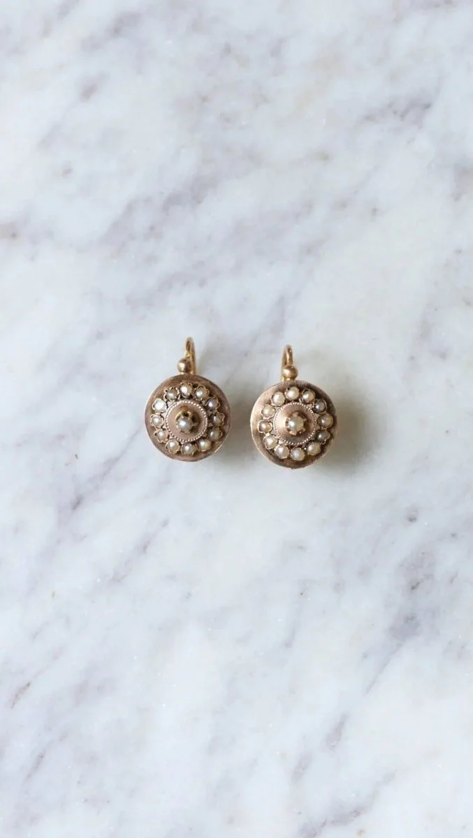 Dormeuses anciennes disque or rose et perles - Image 7