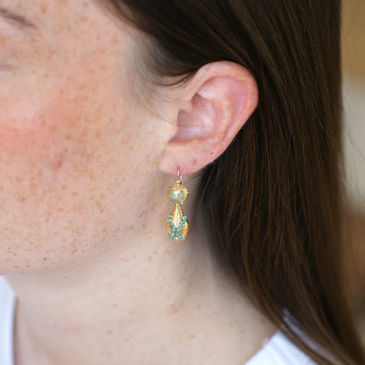Boucles d'oreilles Dormeuses Goutte en or jaune et turquoises - Image 2