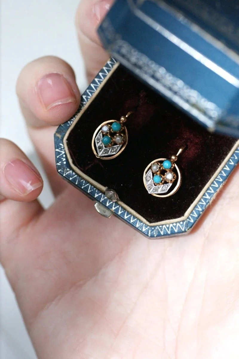 Dormeuses or rose, perles, turquoises et diamants - Image 4