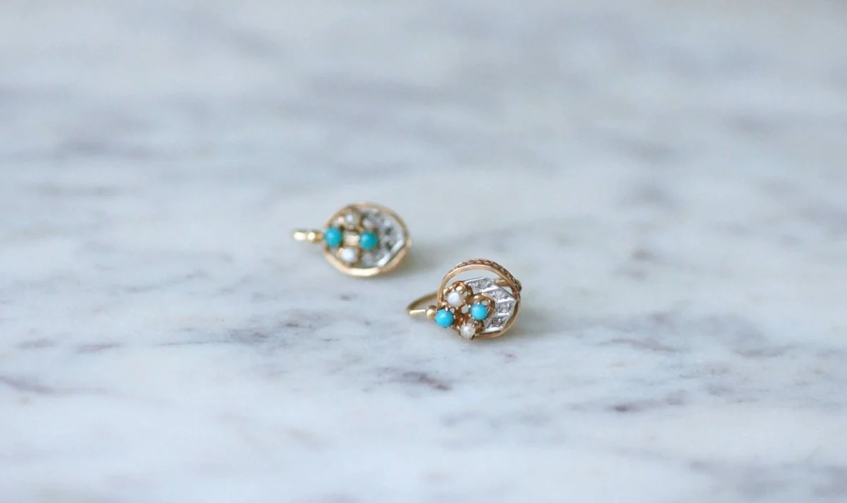 Dormeuses or rose, perles, turquoises et diamants - Image 7