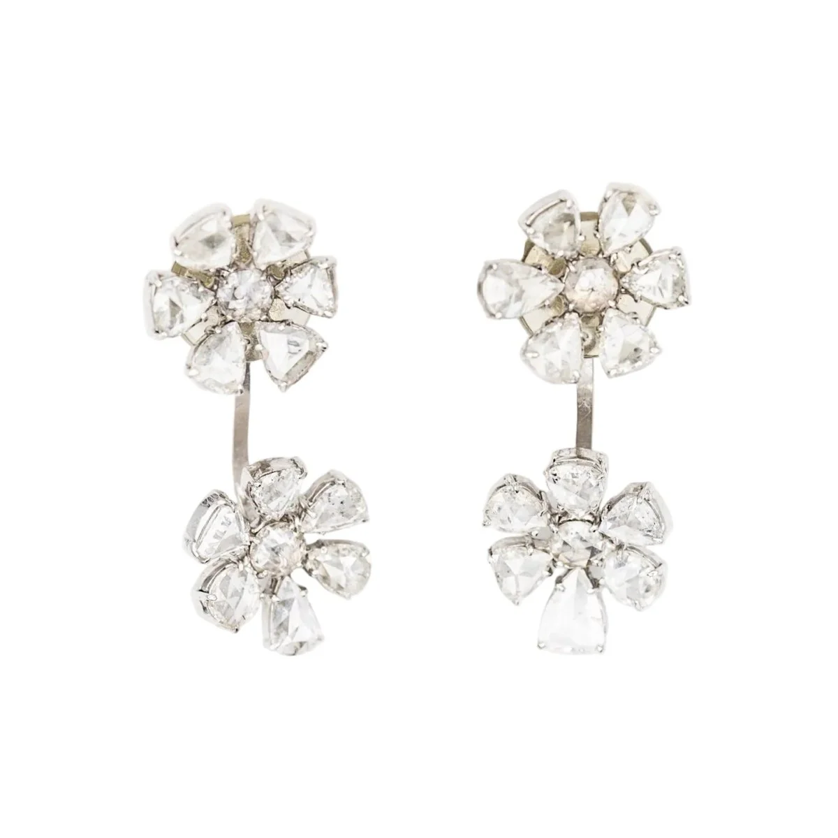 Boucles d'oreilles Double fleurs en or blanc et diamants