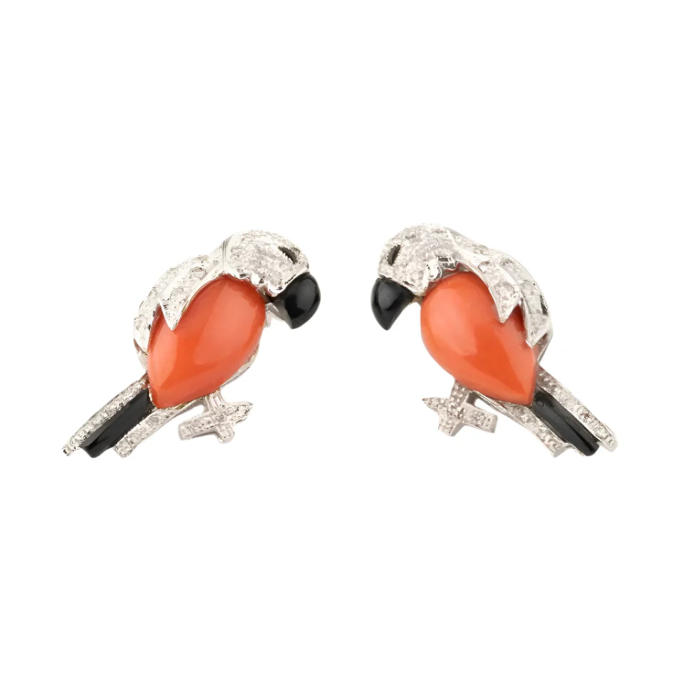 Boucles d'oreilles Perroquet en or blanc, onyx, corail et diamants