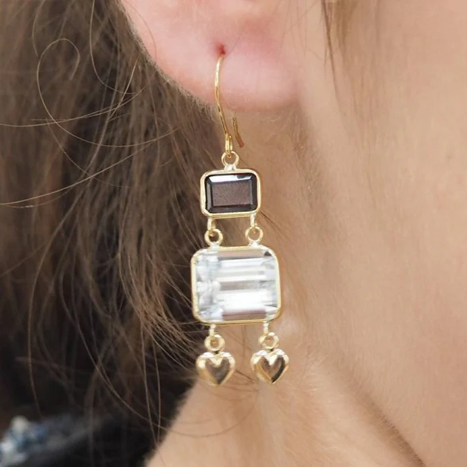 Boucles d'oreilles Pendantes en or jaune, aigue-marine et grenat - Image 2