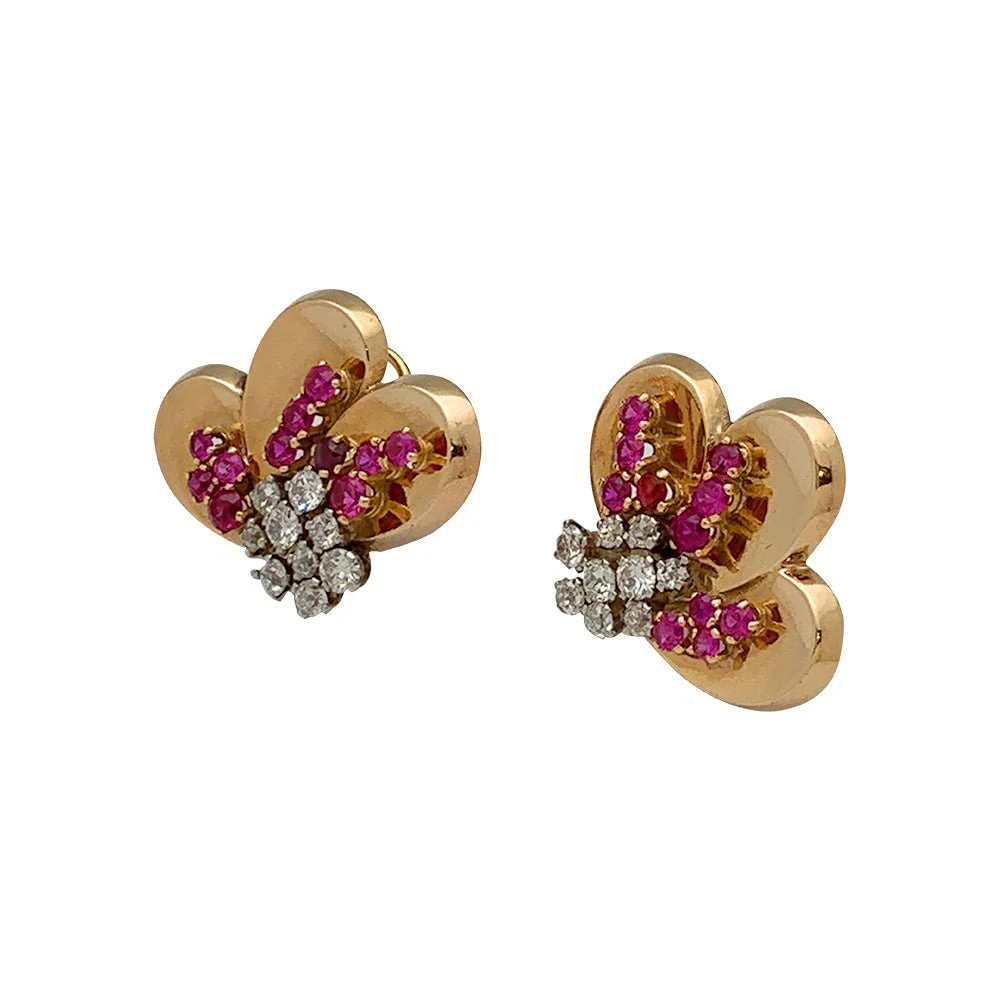 Boucles d'oreilles en or rose des années 1940 pierres rouges, brillants - Image 5