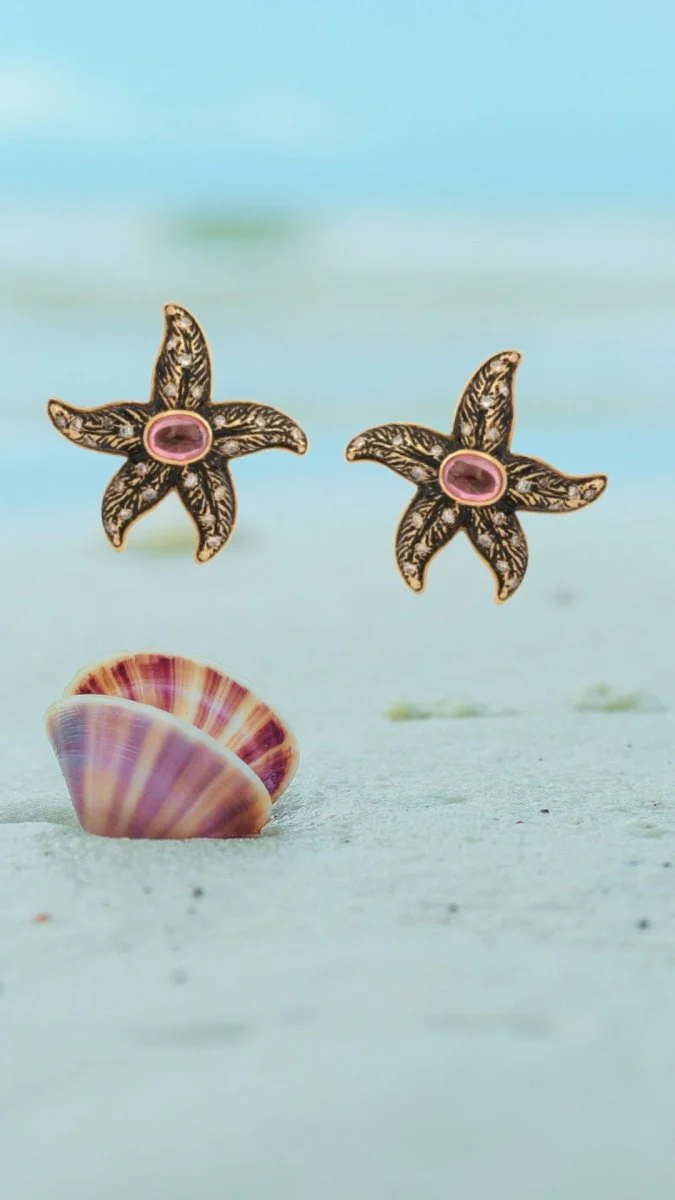 Boucles d'Oreilles Vintage Etoiles de Mer Tourmaline Diamants Email Or Jaune 18 Carats - Image 5