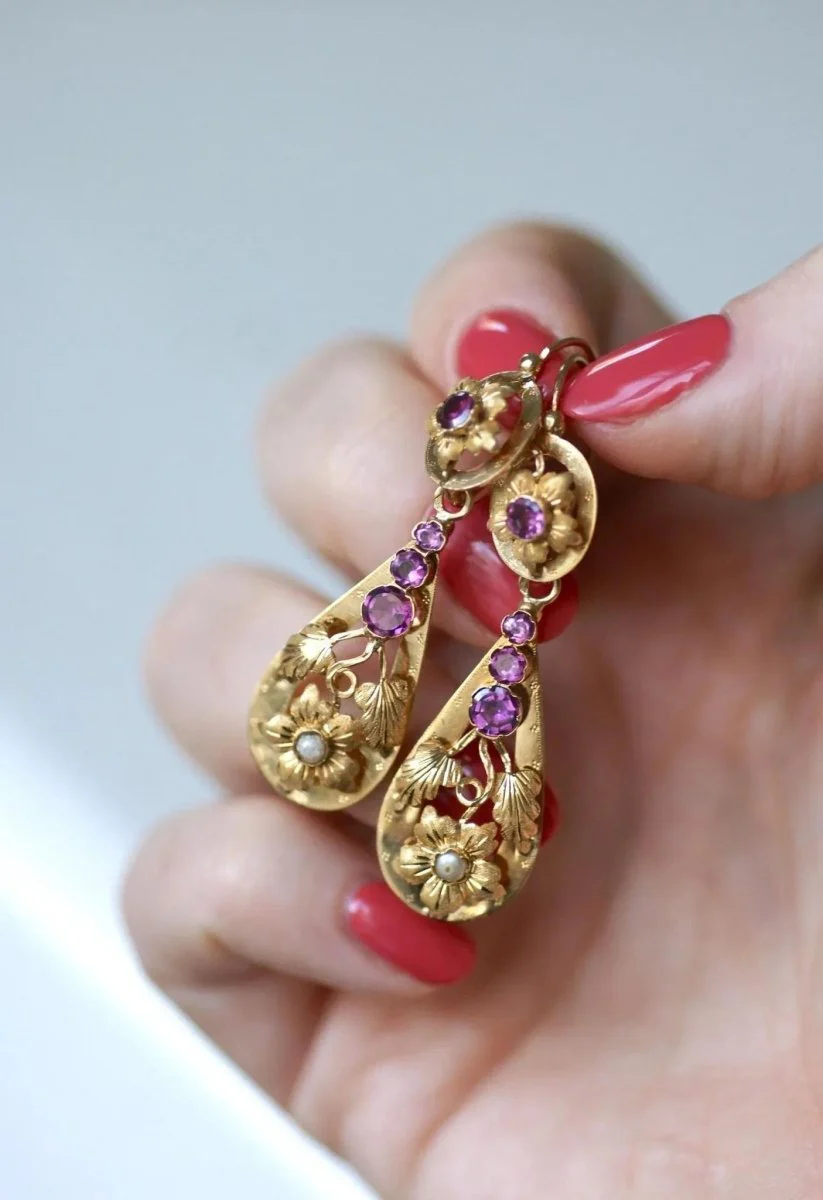 Boucles d'Oreilles Gouttes Grenats sur Or Jaune - Image 6