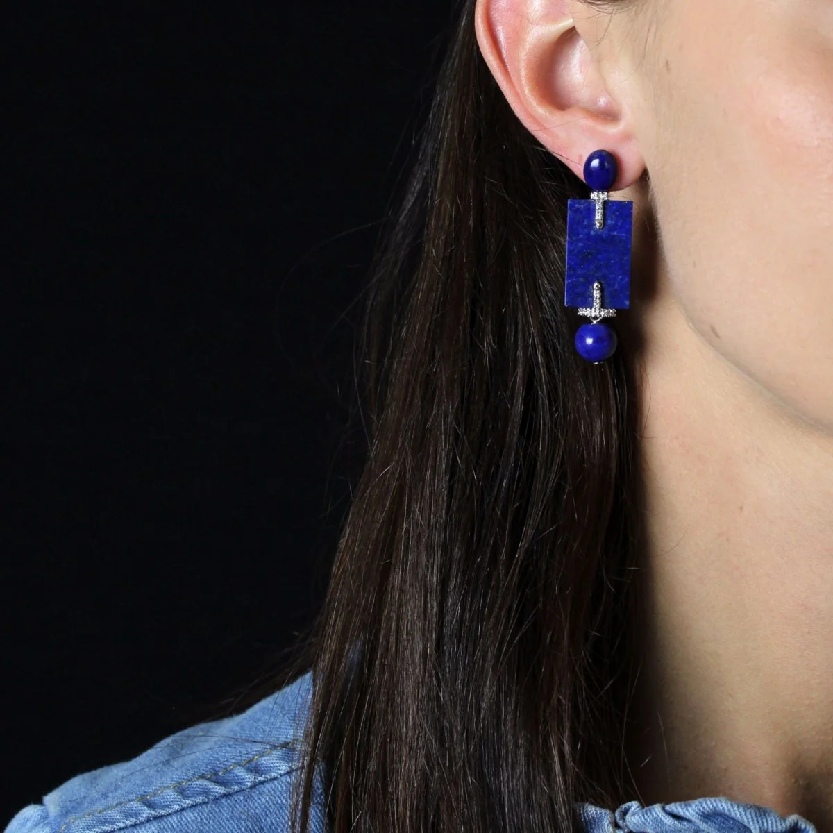 Boucles d'oreilles Clous en or blanc, lapis-lazuli et diamants - Image 2