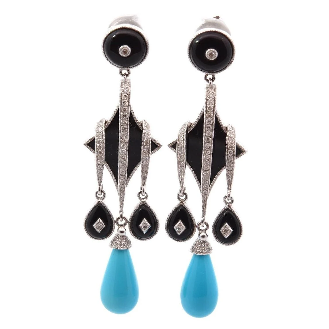 Boucles d'oreilles Pendantes en or blanc, onyx, turquoises et diamants
