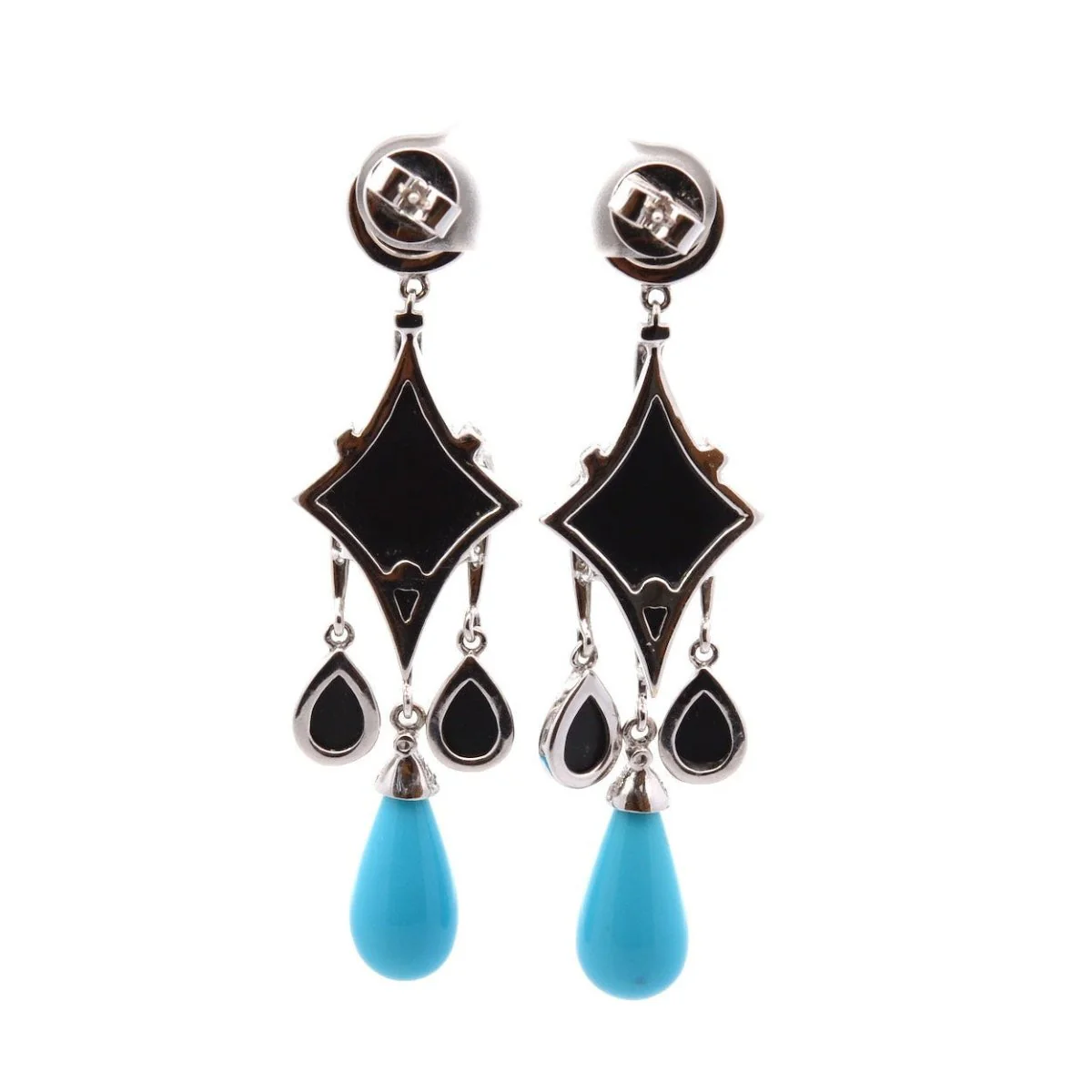 Boucles d'oreilles Pendantes en or blanc, onyx, turquoises et diamants - Image 2
