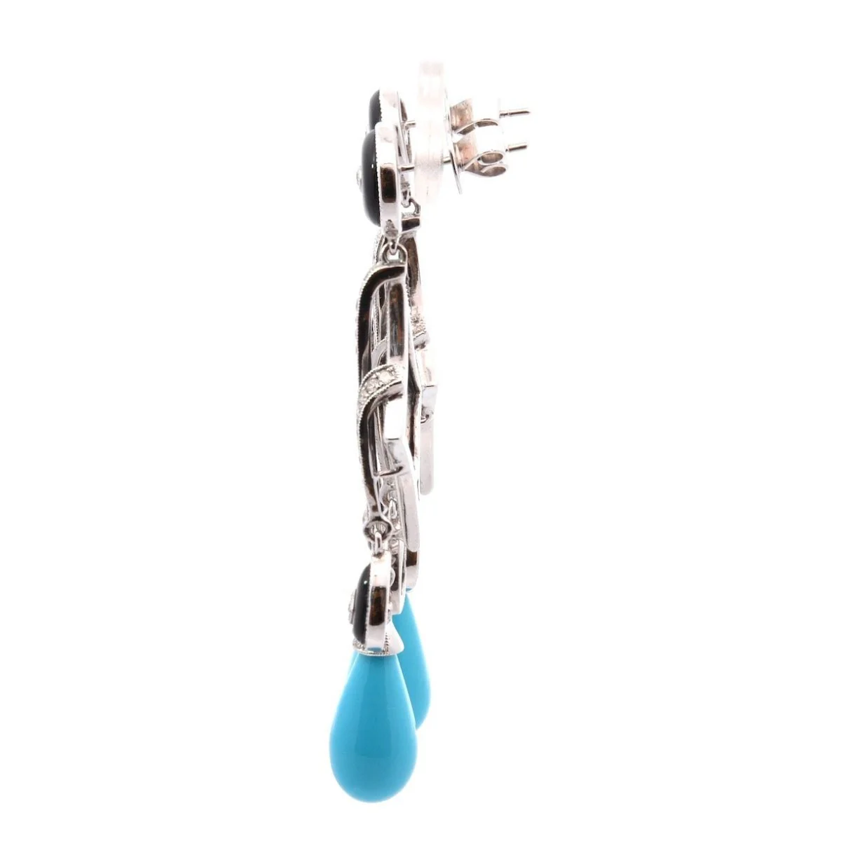 Boucles d'oreilles Pendantes en or blanc, onyx, turquoises et diamants - Image 3