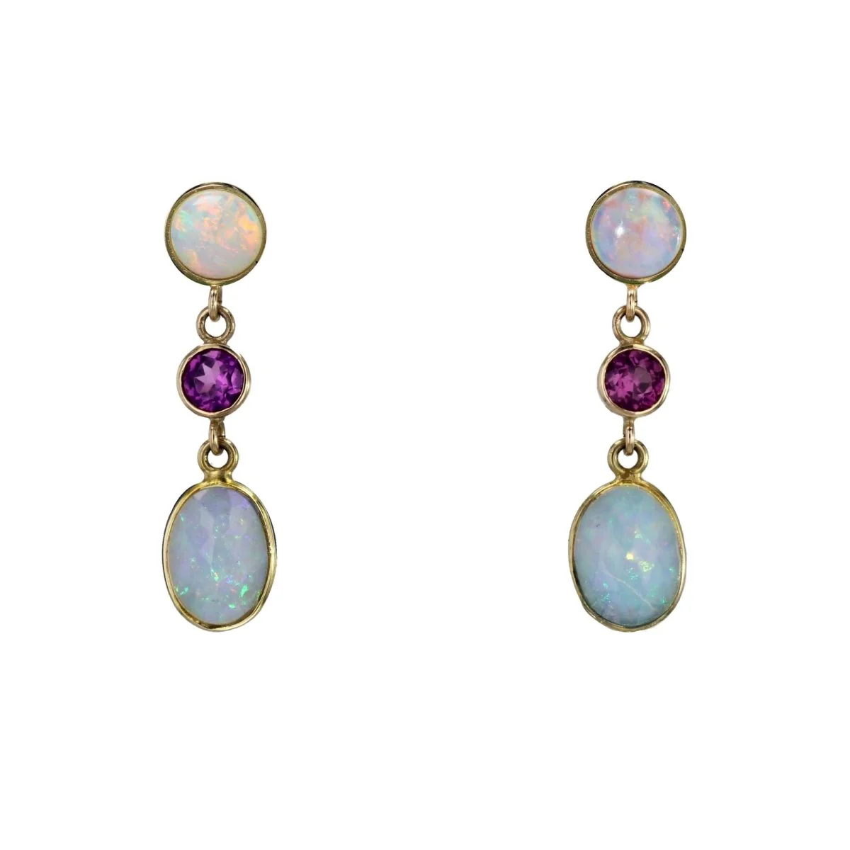 Boucles d'oreilles Pendantes en or jaune, opales et grenats