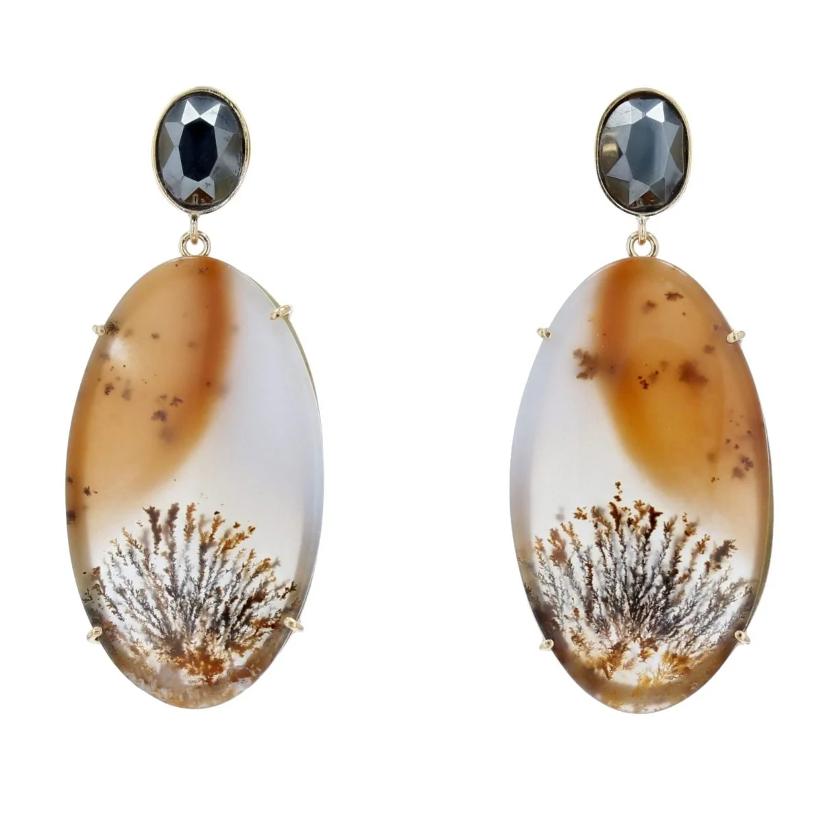 Boucles d'oreilles Pendantes en or jaune, agates et hématite