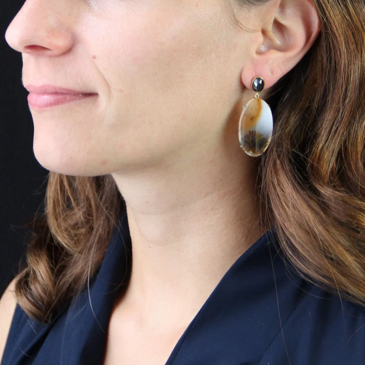 Boucles d'oreilles Pendantes en or jaune, agates et hématite - Image 2