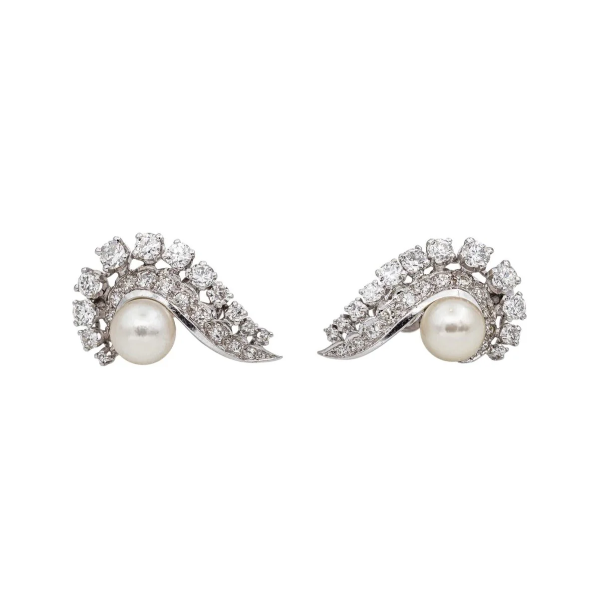 Boucles d'oreilles Clips en or blanc, perles et diamants - Image 3