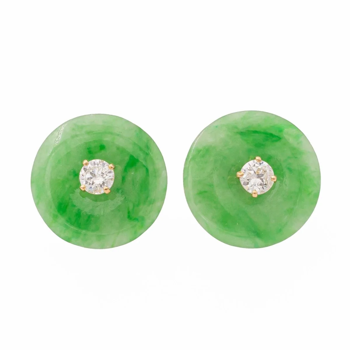 Boucles d'oreilles Puces en or jaunes, jades jadéite et diamants