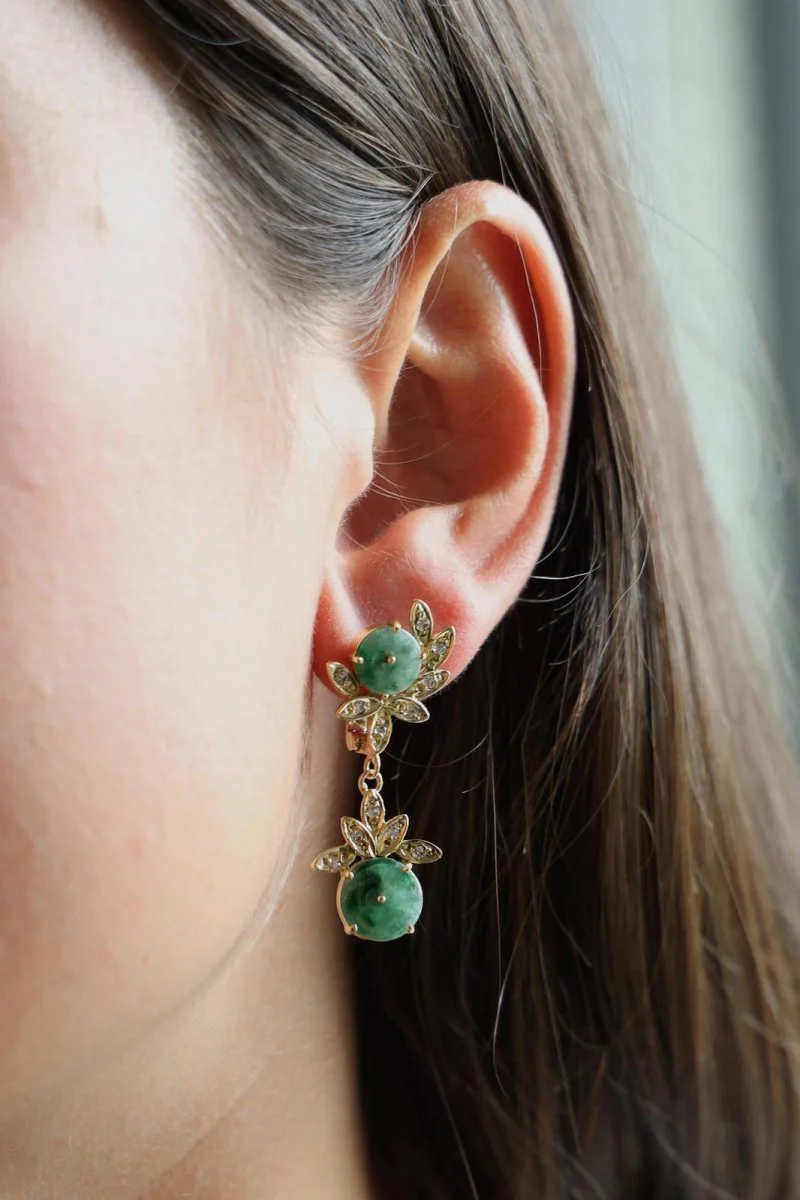Boucles d'oreilles Dormeuses en or jaune, jade jadéite et diamants - Image 7