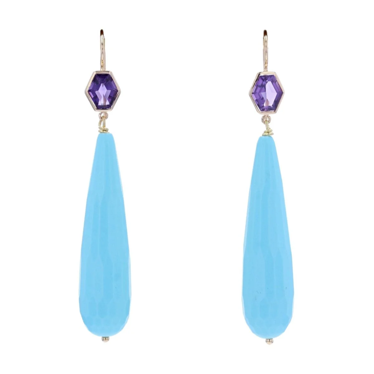 Boucles d'oreilles Pendantes en or jaune, améthyste et turquoise