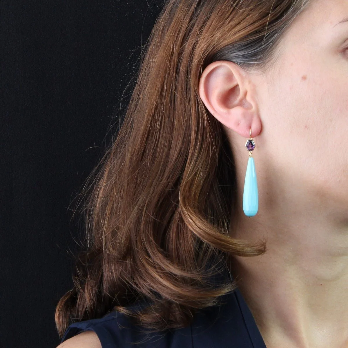 Boucles d'oreilles Pendantes en or jaune, améthyste et turquoise - Image 2