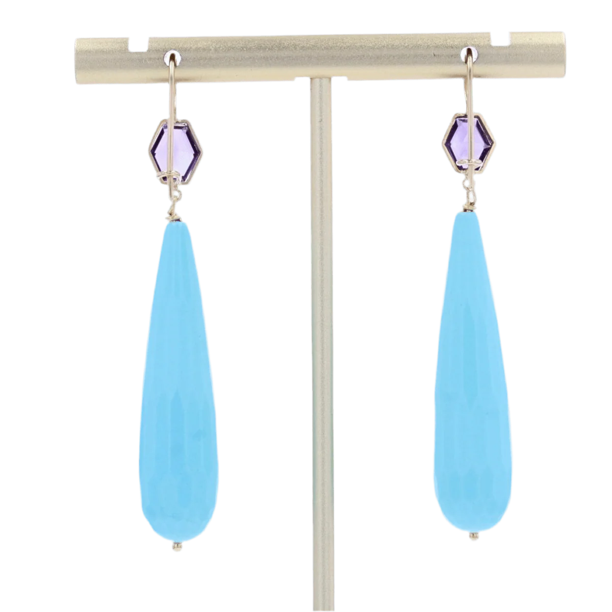 Boucles d'oreilles Pendantes en or jaune, améthyste et turquoise - Image 5