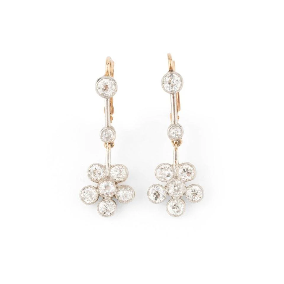 Boucles d'oreilles Pendantes Fleurs en or jaune et diamants