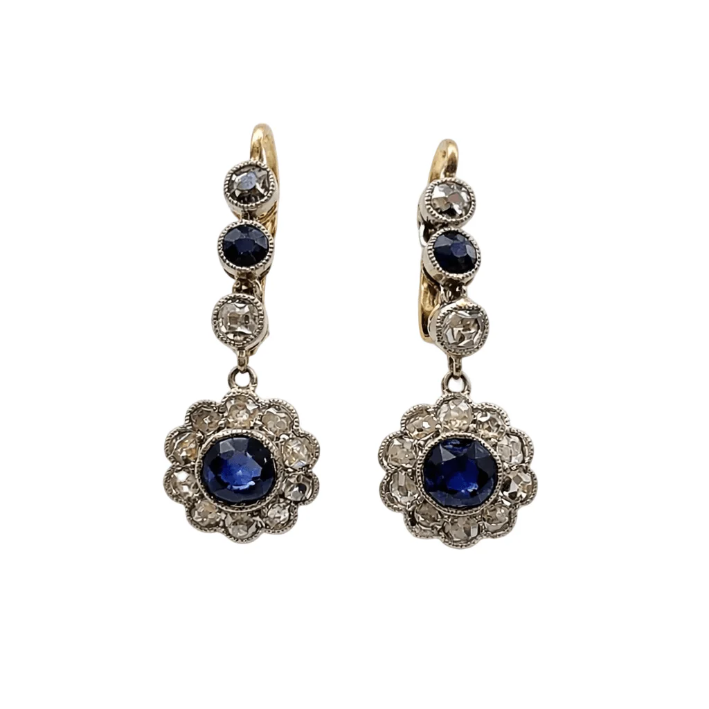 Boucles d'oreilles Pendantes en or jaune, platine, saphirs et diamants