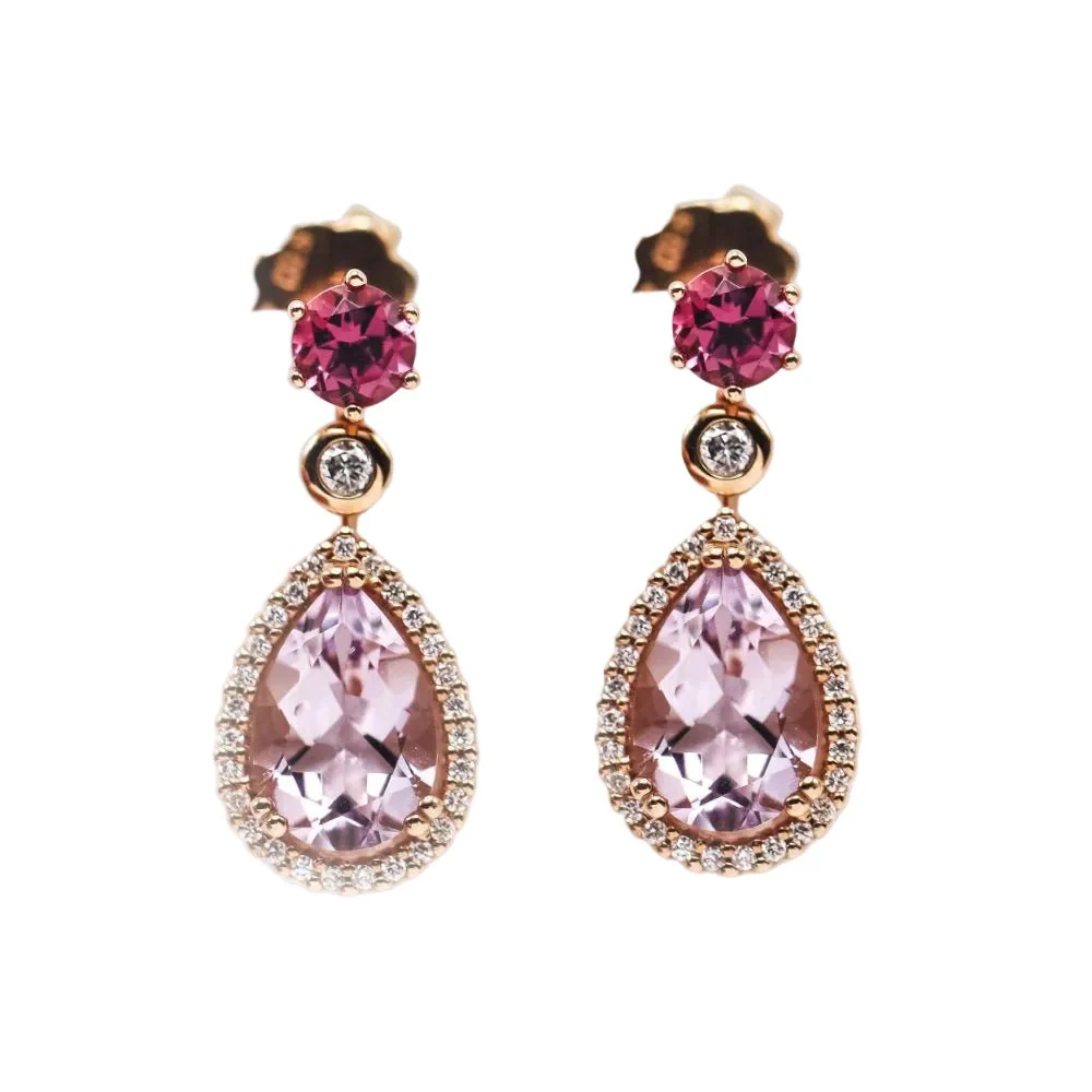 Boucles d'oreilles Pendentifs en or rose, améthystes, rhodolites et diamants