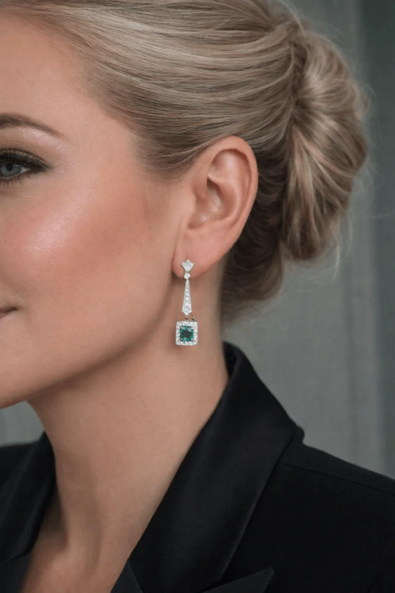 Boucles d'oreilles Pendantes en platine, émeraudes et diamants - Image 2