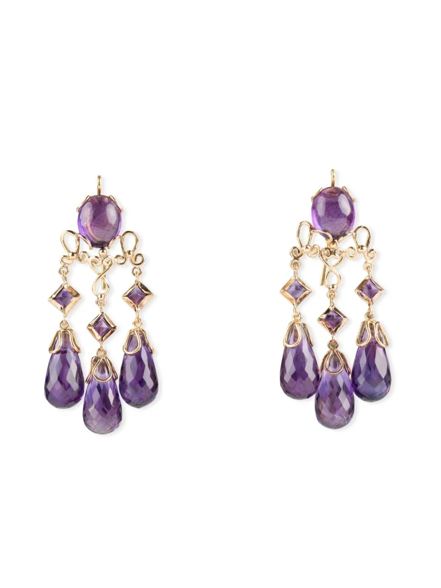 Boucles d'oreilles pendantes Girandoles en or jaune et améthystes