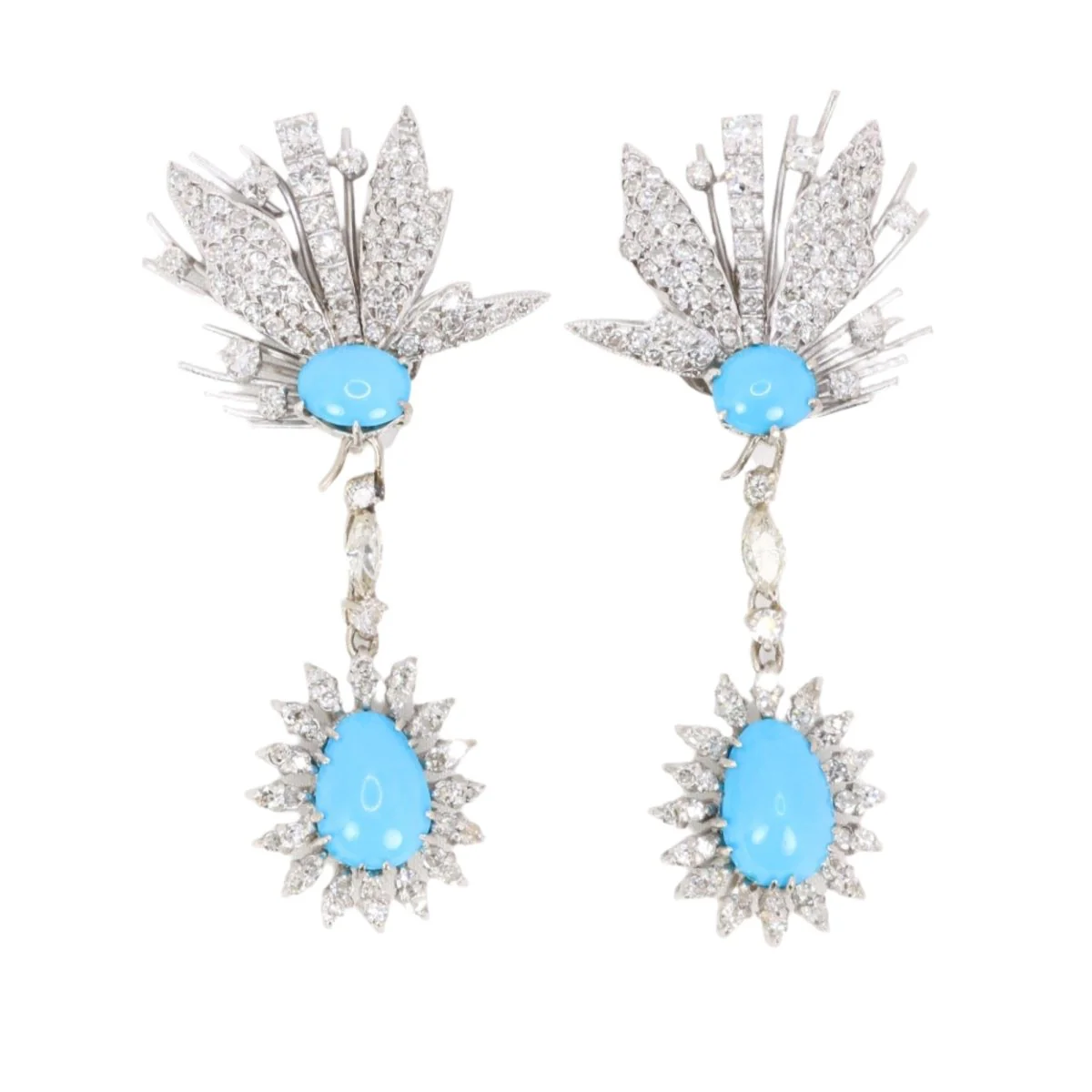 Boucles d'oreilles pendantes turquoises diamants