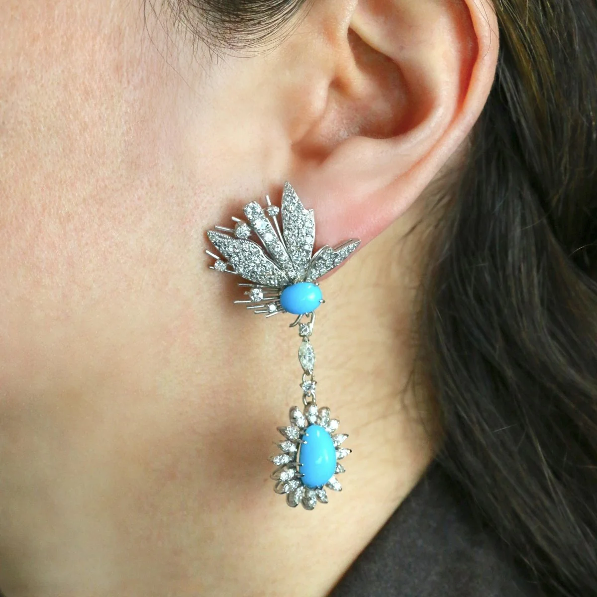 Boucles d'oreilles pendantes turquoises diamants - Image 2