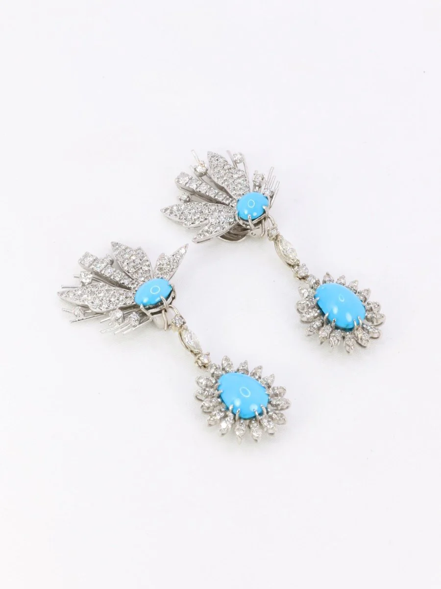 Boucles d'oreilles pendantes turquoises diamants - Image 5