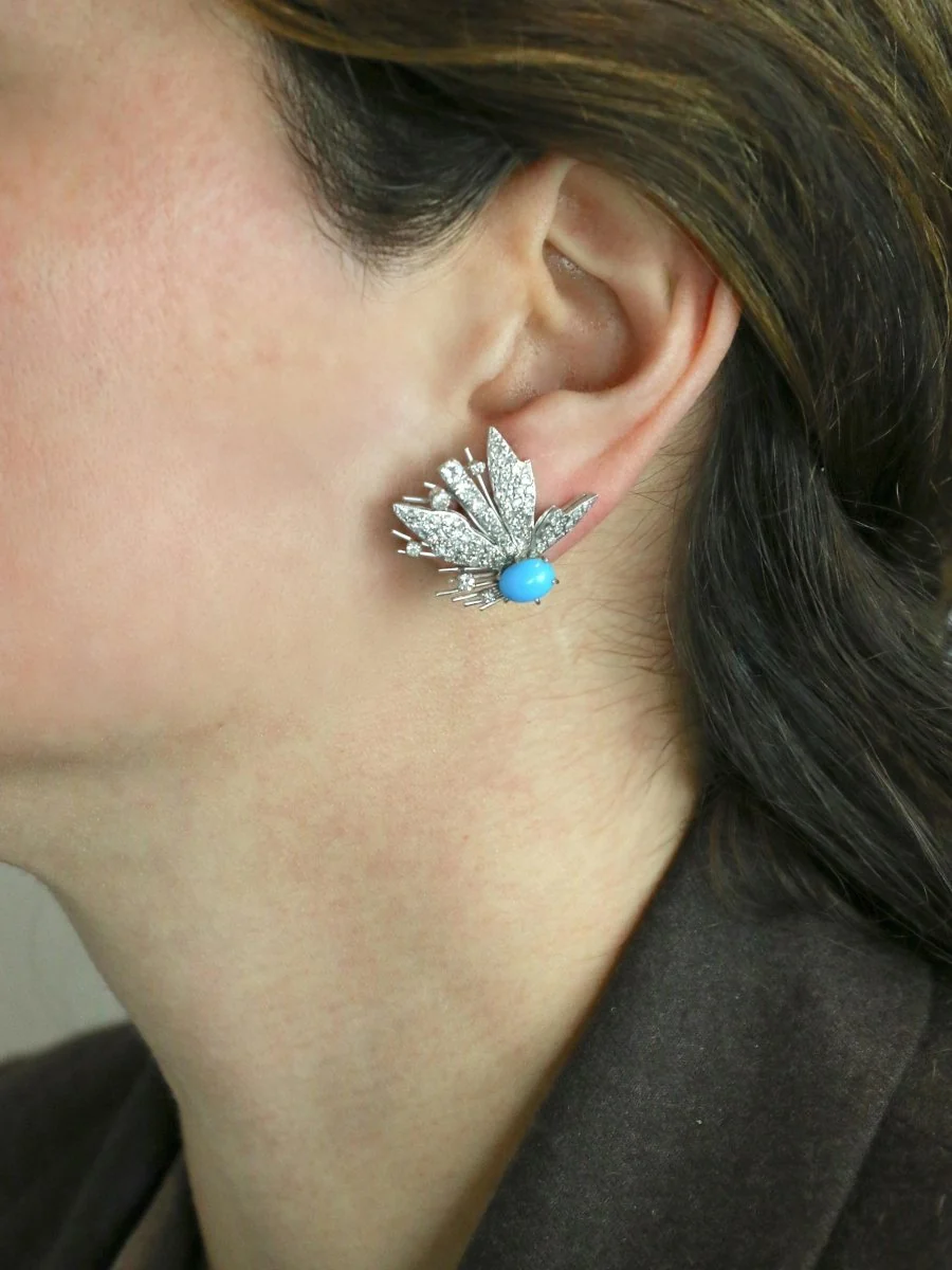 Boucles d'oreilles pendantes turquoises diamants - Image 8