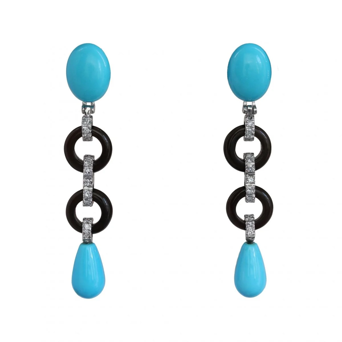 Boucles d'oreilles Pendantes en or blanc, onyx, turquoise et diamants