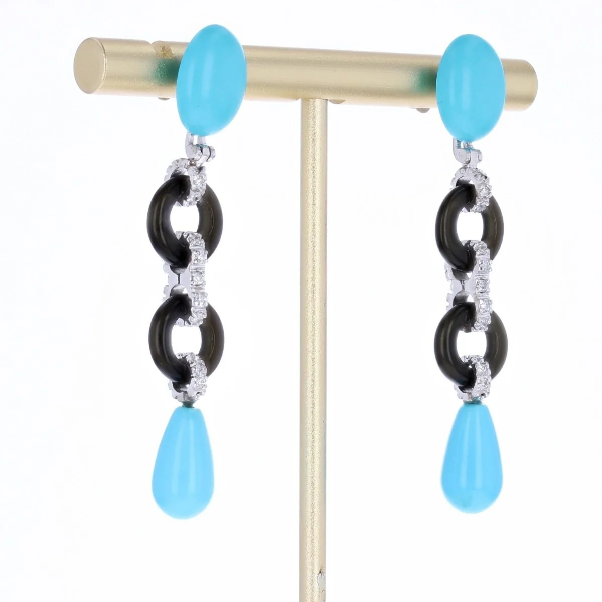 Boucles d'oreilles Pendantes en or blanc, onyx, turquoise et diamants - Image 4
