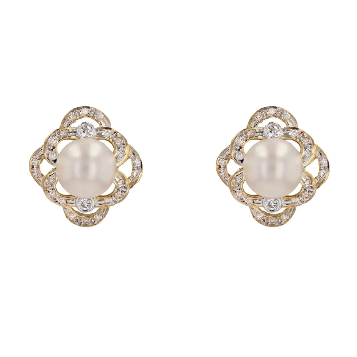 Boucles d'oreilles Puces en or jaune, perles et diamants