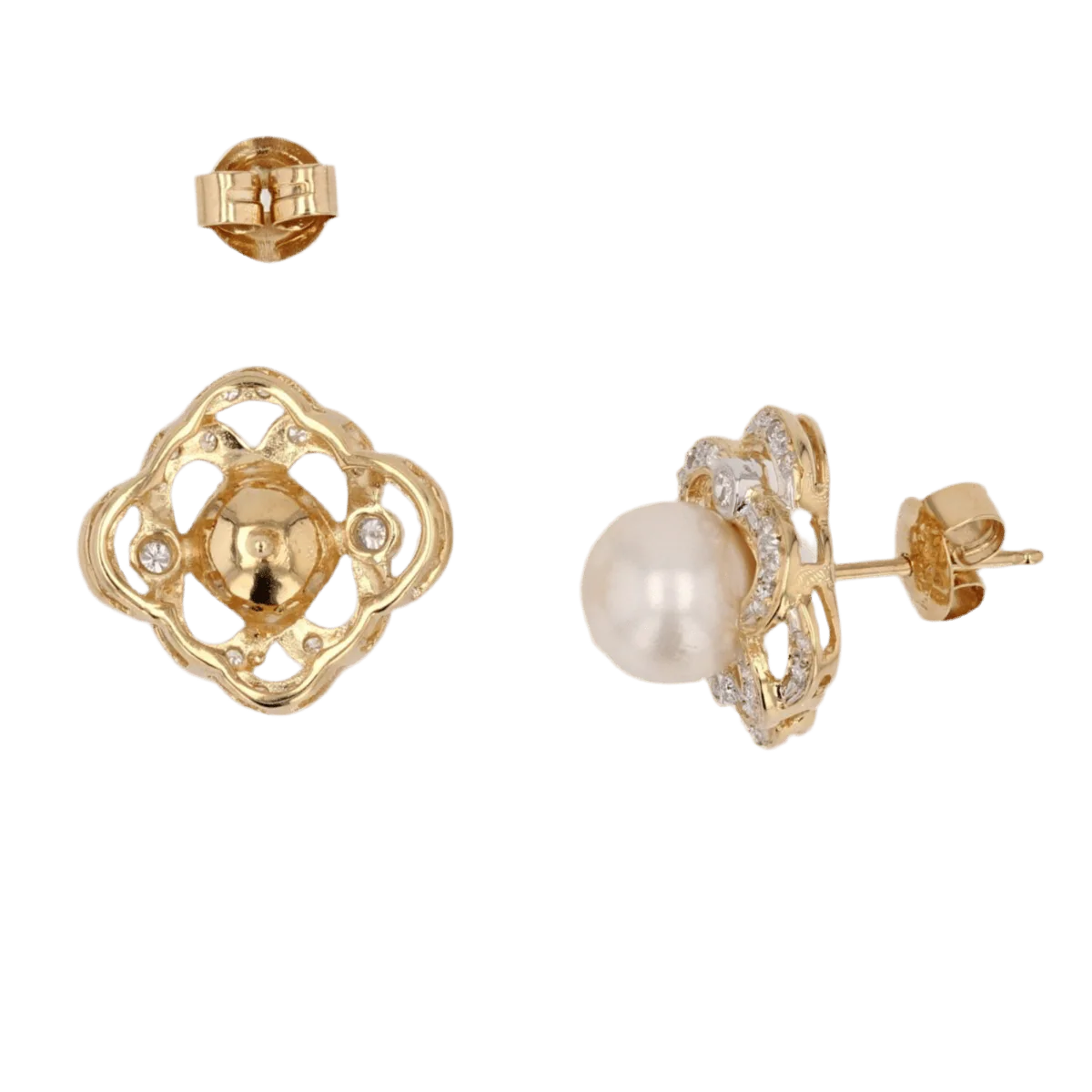 Boucles d'oreilles Puces en or jaune, perles et diamants - Image 4