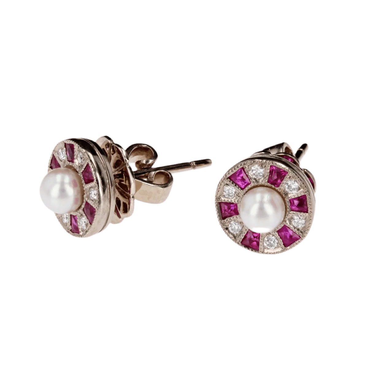 Boucles d'oreilles Puces en or blanc, perles, rubis et diamants - Image 3