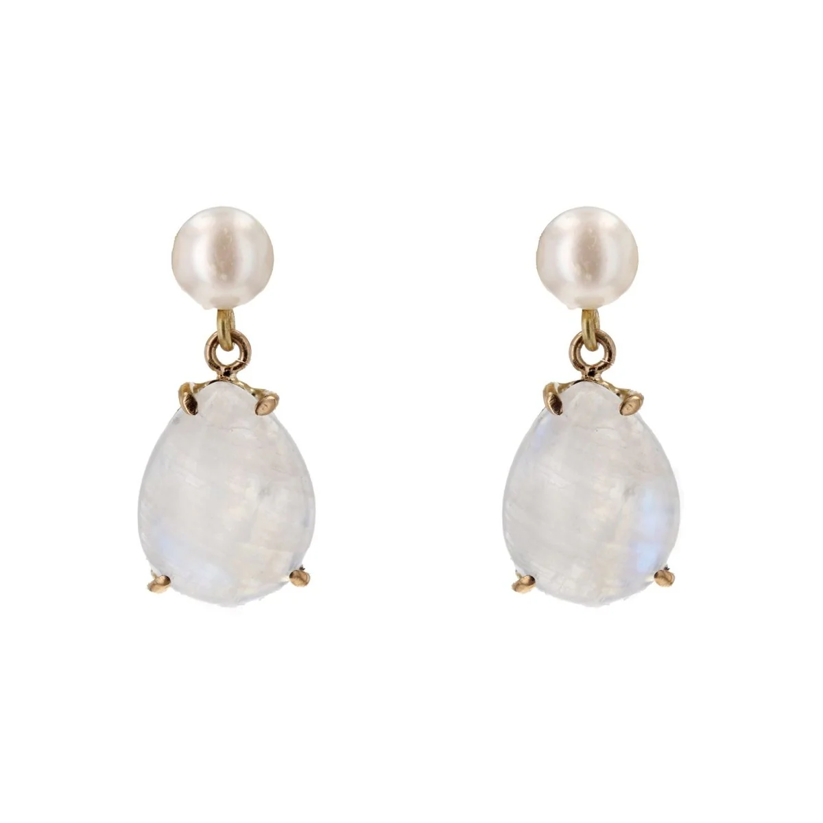 Boucles d'oreilles Puces en or jaune, perles et pierres de lune