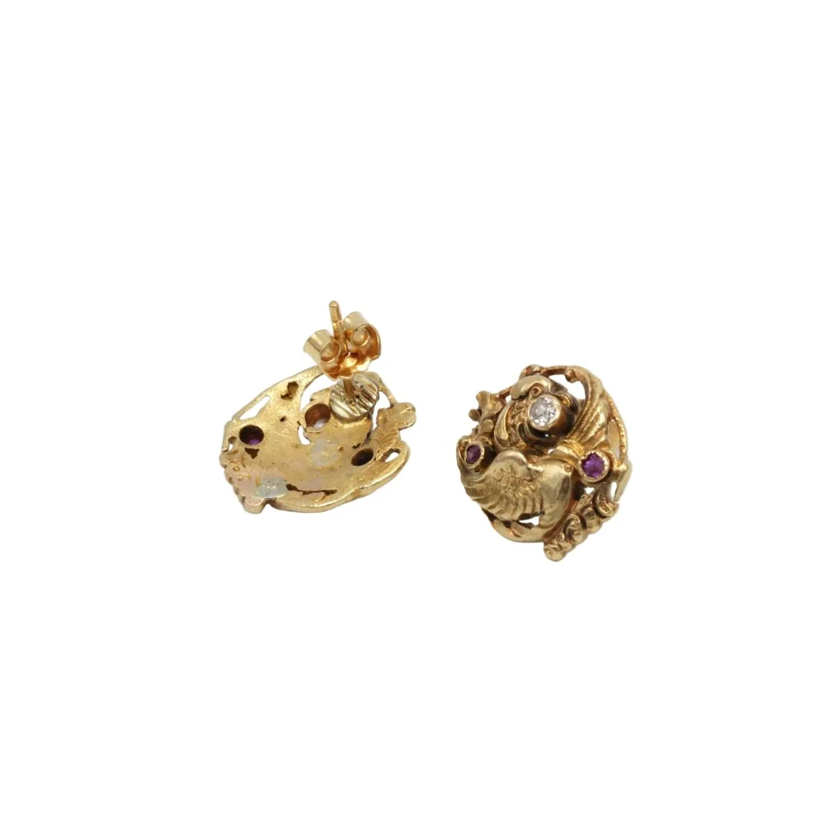 Boucles d'oreilles Puces en or jaune, rubis et diamants - Image 3