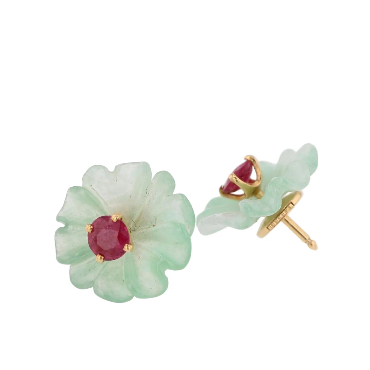 Boucles d'oreilles Puces en or jaune, rubis et jade - Image 3