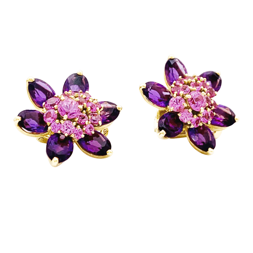 Boucles d'oreilles Clips VAN CLEEF & ARPELS "Fleurs d'Hawaï" en or jaune, améthystes et saphirs - Image 3
