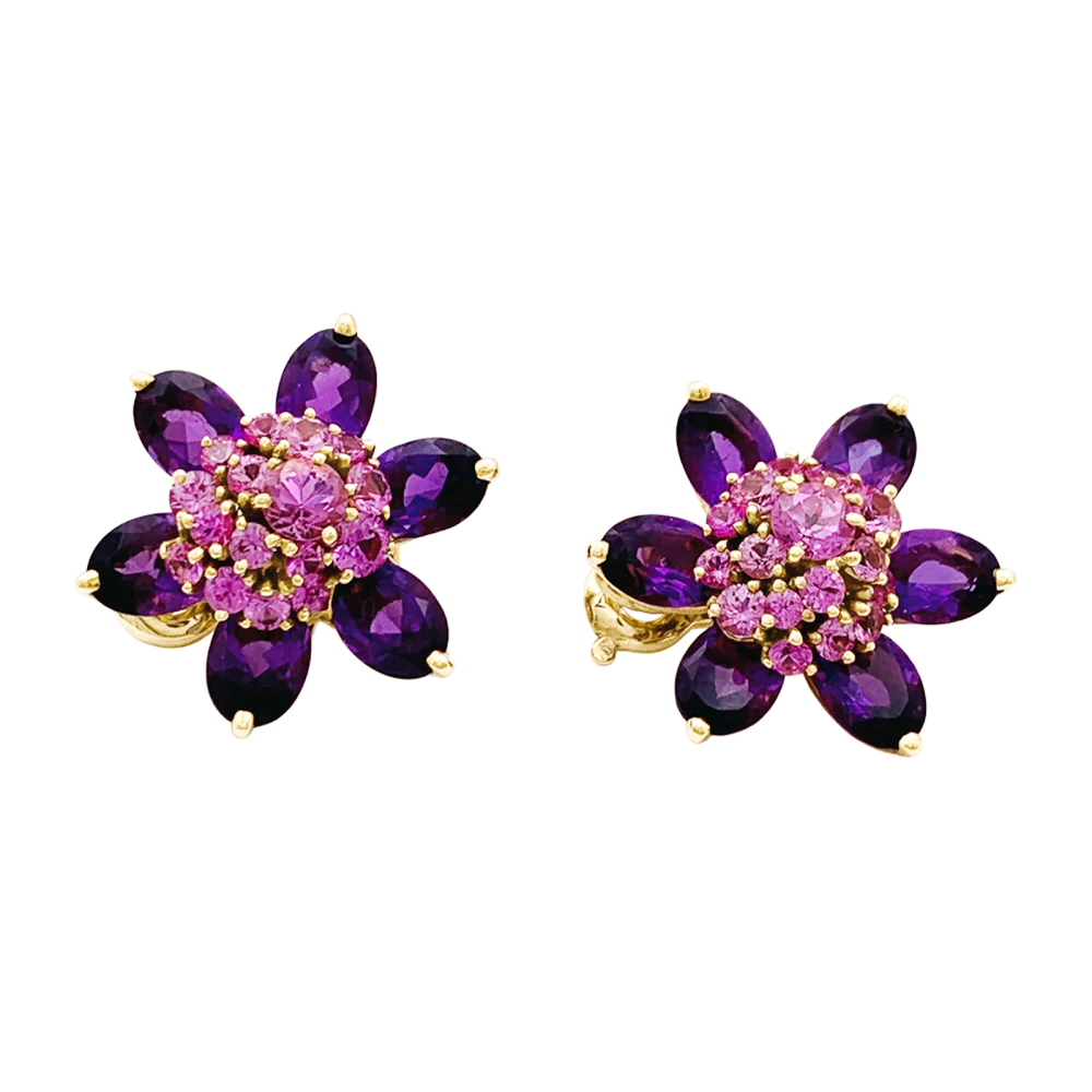 Boucles d'oreilles Clips VAN CLEEF & ARPELS "Fleurs d'Hawaï" en or jaune, améthystes et saphirs - Image 4